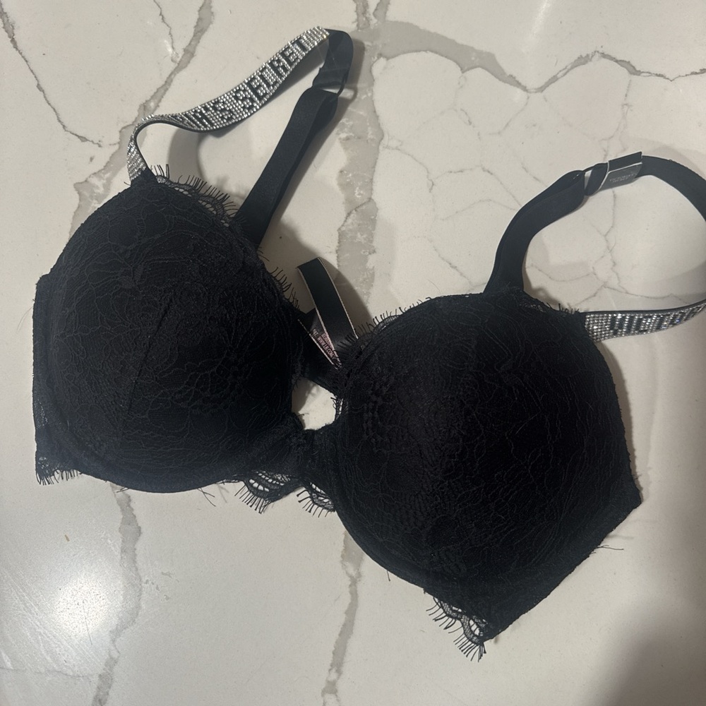 Victoria Secret Black Lace Bra with Rhinestone Straps